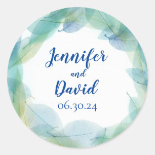 Personalisierte Hochzeitskleber für blaues Leaf Runder Aufkleber