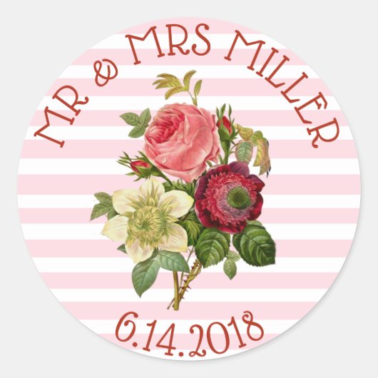 Personalisierte Hochzeitsticker Burgundy-Rose Runder Aufkleber (Vorderseite)