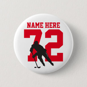 Personalisierte Hockey-Spieler Name Nummer Rot Pin Button