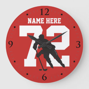 Personalisierte Hockey-Spieler-Namen-Zahl auf Rot Große Wanduhr