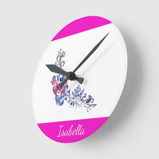Personalisierte Hübsche Rosa Schmetterlingswand Runde Wanduhr (Winkel)