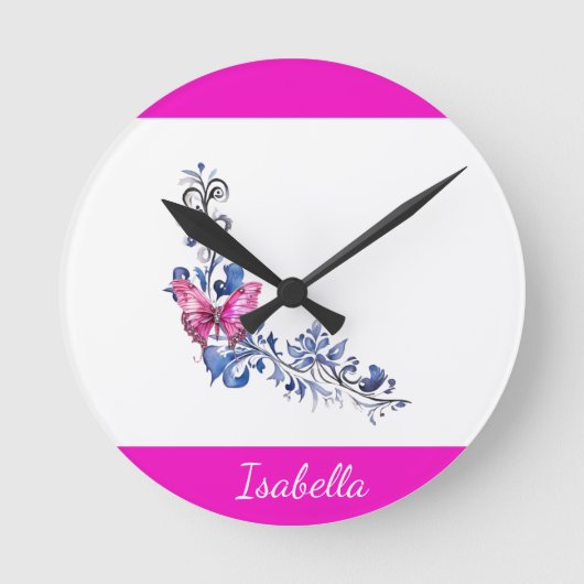 Personalisierte Hübsche Rosa Schmetterlingswand Runde Wanduhr (Vorderseite)