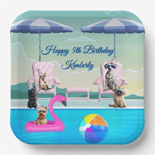 Personalisierte Hundepool-Party Pappteller (Vorderseite)