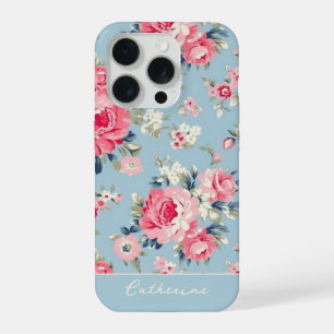 Personalisierte Hütte Rosa Rosen auf blauem Hinter iPhone 15 Pro Hülle