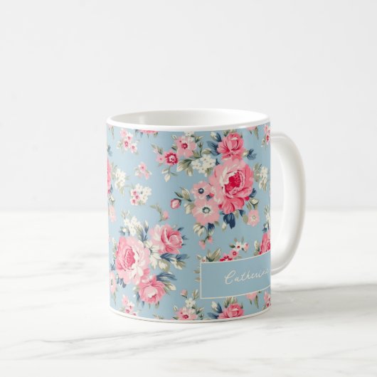 Personalisierte Hütte Rosa Rosen auf blauem Hinter Kaffeetasse (VorderseiteRechts)