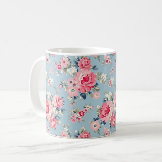 Personalisierte Hütte Rosa Rosen auf blauem Hinter Kaffeetasse (Vorderseite Links)
