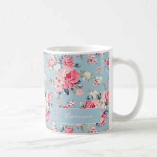 Personalisierte Hütte Rosa Rosen auf blauem Hinter Kaffeetasse
