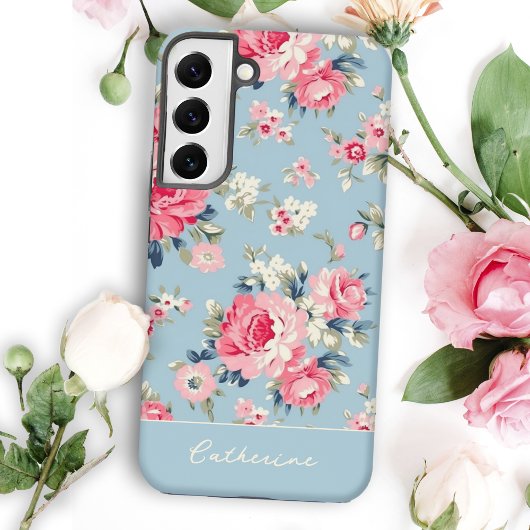 Personalisierte Hütte Rosa Rosen auf blauem Hinter Samsung Galaxy Hülle