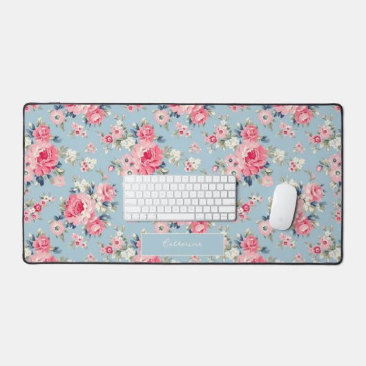 Personalisierte Hütte Rosa Rosen auf blauem Hinter Schreibtischunterlage (Tastatur & Maus)