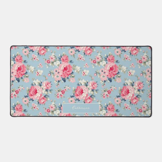 Personalisierte Hütte Rosa Rosen auf blauem Hinter Schreibtischunterlage (Vorderseite)