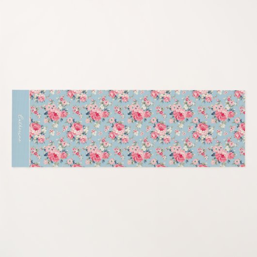 Personalisierte Hütte Rosa Rosen auf blauem Hinter Yogamatte (Vorderseite (Horizontal))