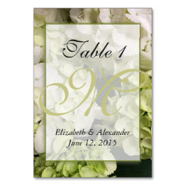 Personalisierte Hydrangea-Monogramm-Tafelkarte Tischnummer