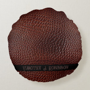 Personalisierte Imitate Leather Brown bestickt Rundes Kissen