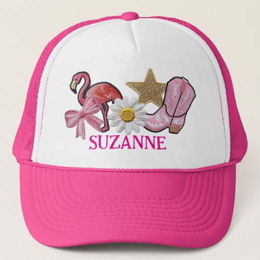 Personalisierte Imitate Patches Rosa Western Boot Truckerkappe (Vorderseite)