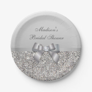 Personalisierte Imitate Silver Sequins Bow Brautpa Pappteller