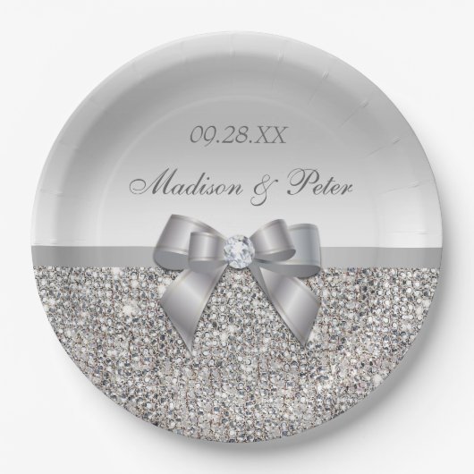 Personalisierte Imitate Silver Sequins Bow Wedding Pappteller (Vorderseite)