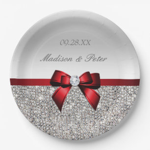 Personalisierte Imitate Silver Sequins Red Bow Wed Pappteller