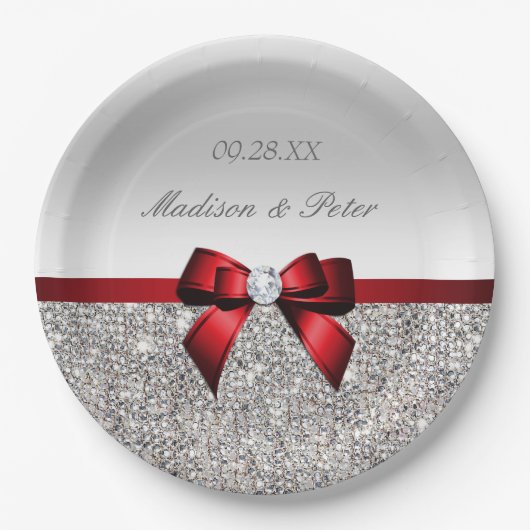 Personalisierte Imitate Silver Sequins Red Bow Wed Pappteller (Vorderseite)