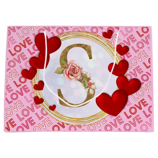 Personalisierte initiale florale Monogramm und Rot Große Geschenktüte (Vorderseite)