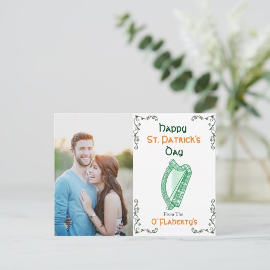 Personalisierte Irish Harp Postcard | St. Patrick  Postkarte (Stehend Vorderseite)