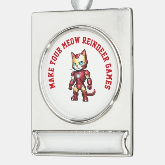 Personalisierte Ironcat-Reindeer-Spiele Banner-Ornament Silber (Links)