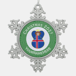 Personalisierte isländische Engel-Weihnachtsflagge Schneeflocken Zinn-Ornament