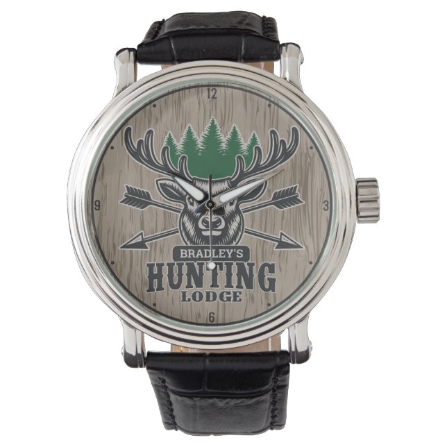 Personalisierte Jagdlodge für Hirschelken Armbanduhr (Vorderseite)