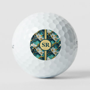 Personalisierte japanische florale Teal-Gold-Golfb Golfball