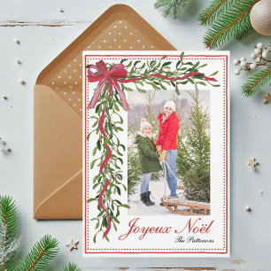 Personalisierte Joyeux Noël rote Schleife Mistelzw Feiertagskarte