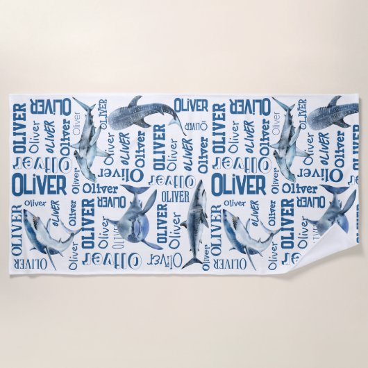 Personalisierte Jungen mit Hai-Collage Strandtuch (Vorderseite)