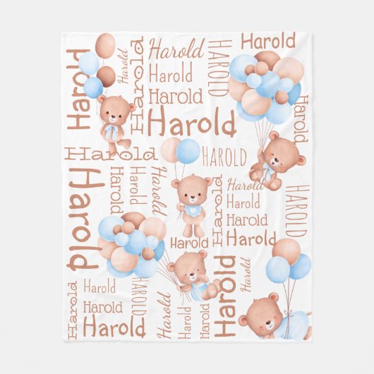 Personalisierte Jungen nennen Teddybär mit Ballons Fleecedecke (Vorderseite)