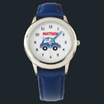 Personalisierte Jungenuhr mit niedlichem Spielzeug Armbanduhr<br><div class="desc">Personalisierte Jungenuhr mit niedlichem Spielzeuglogo. Spaß personalisierbare Geschenkidee für kleine Kinder (Junge oder Mädchen). Maßgeschneiderte Kinderuhren mit Vornamen und Fahrzeugbild. Design für das Thema Automotive. Weihnachten und Geburtstagsgeschenke für Sohn,  Tochter,  Enkel,  Enkelin,  Enkel,  Student,  Neffe,  Cousin usw.</div>