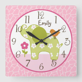 Personalisierte Jungle Girl Elephant Kinderzimmer Quadratische Wanduhr