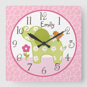 Personalisierte Jungle Girl Elephant Kinderzimmer  Quadratische Wanduhr