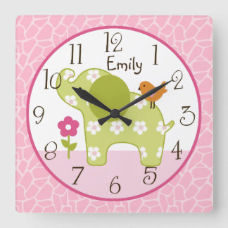 Personalisierte Jungle Girl Elephant Kinderzimmer Quadratische Wanduhr