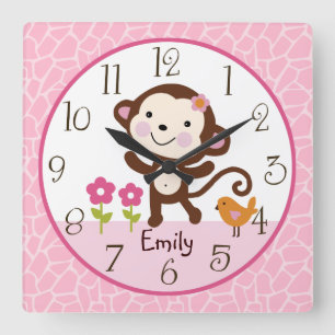 Personalisierte Jungle Girl Monkey Kinderzimmer Cl Quadratische Wanduhr