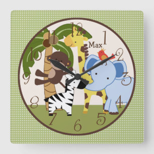 Personalisierte Jungle Pals Kinderzimmer Clock Quadratische Wanduhr