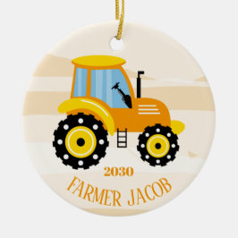 Personalisierte Jungs Gelber Traktor Weihnachten Keramik Ornament