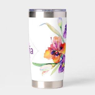 Personalisierte Kaffeetasse mit lila Aquarell-Iris Thermobecher