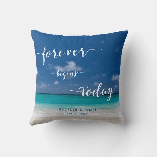 Personalisierte Kalligrafie Beach Hochzeitskissen Kissen (Rückseite)