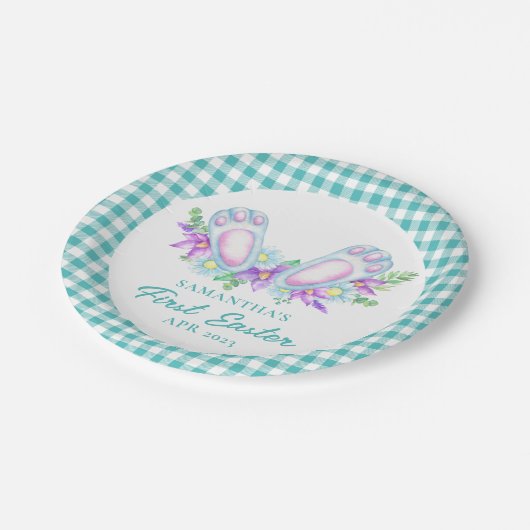 Personalisierte Karierte Bunny Fee Mein erstes Ost Pappteller (Schrägansicht)