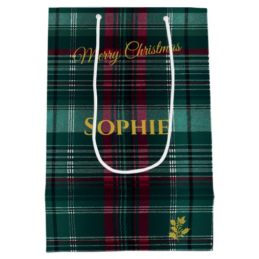 Personalisierte Karierte Weihnachten in Grün und R Mittlere Geschenktüte (Rückseite)