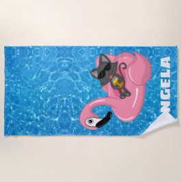 Personalisierte Katze auf Flamingo Pool Name Strandtuch