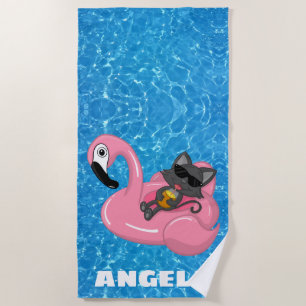 Personalisierte Katze auf Flamingo Pool Name Strandtuch