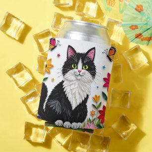 Personalisierte Katze, Blumen und Schmetterlinge   Dosenkühler
