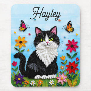Personalisierte Katze, Blumen und Schmetterlinge Mousepad