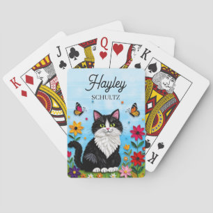 Personalisierte Katze, Blumen und Schmetterlinge   Spielkarten