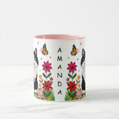 Personalisierte Katze, Blumen und Schmetterlinge Tasse (Zentrum)