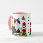Personalisierte Katze, Blumen und Schmetterlinge Tasse (Vorderseite Links)