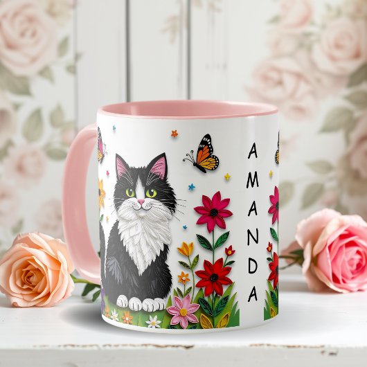 Personalisierte Katze, Blumen und Schmetterlinge Tasse